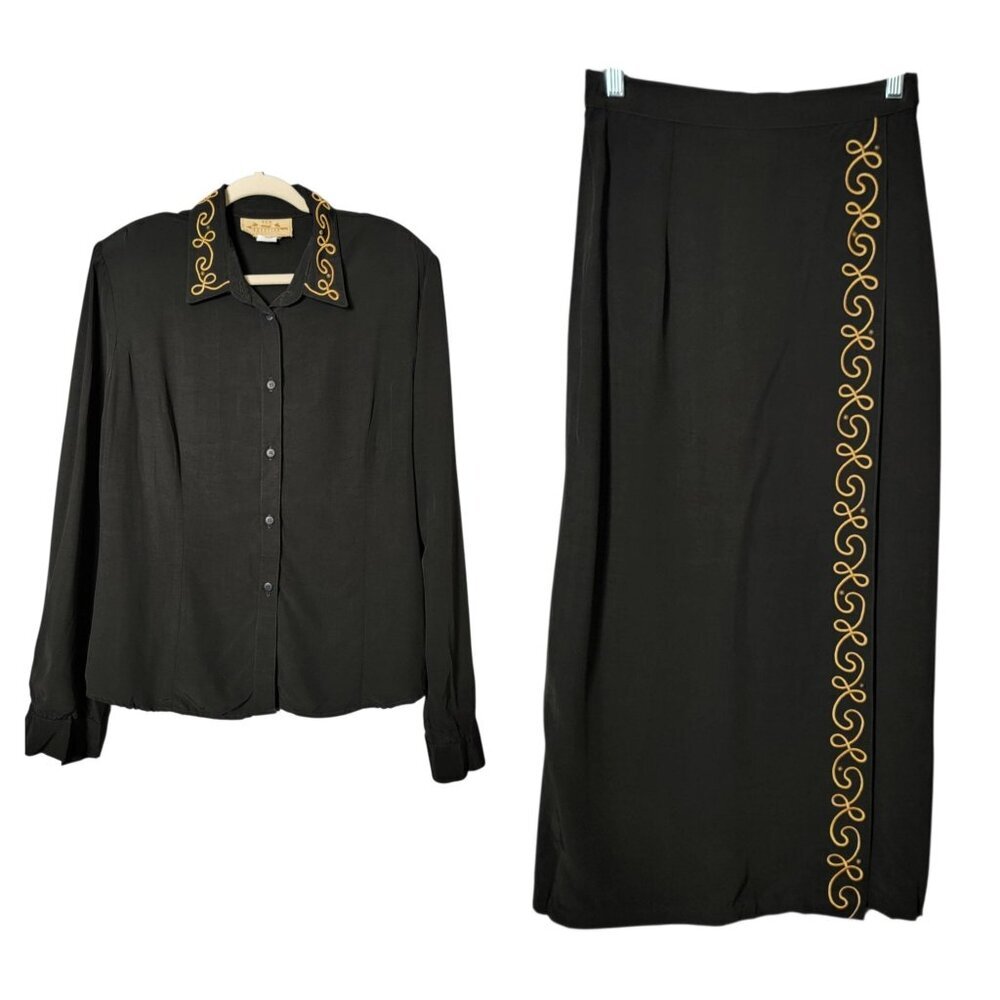 VTG New Frontier Womens Black Western Mariachi Embroidered Top Maxi Skirt Set L
